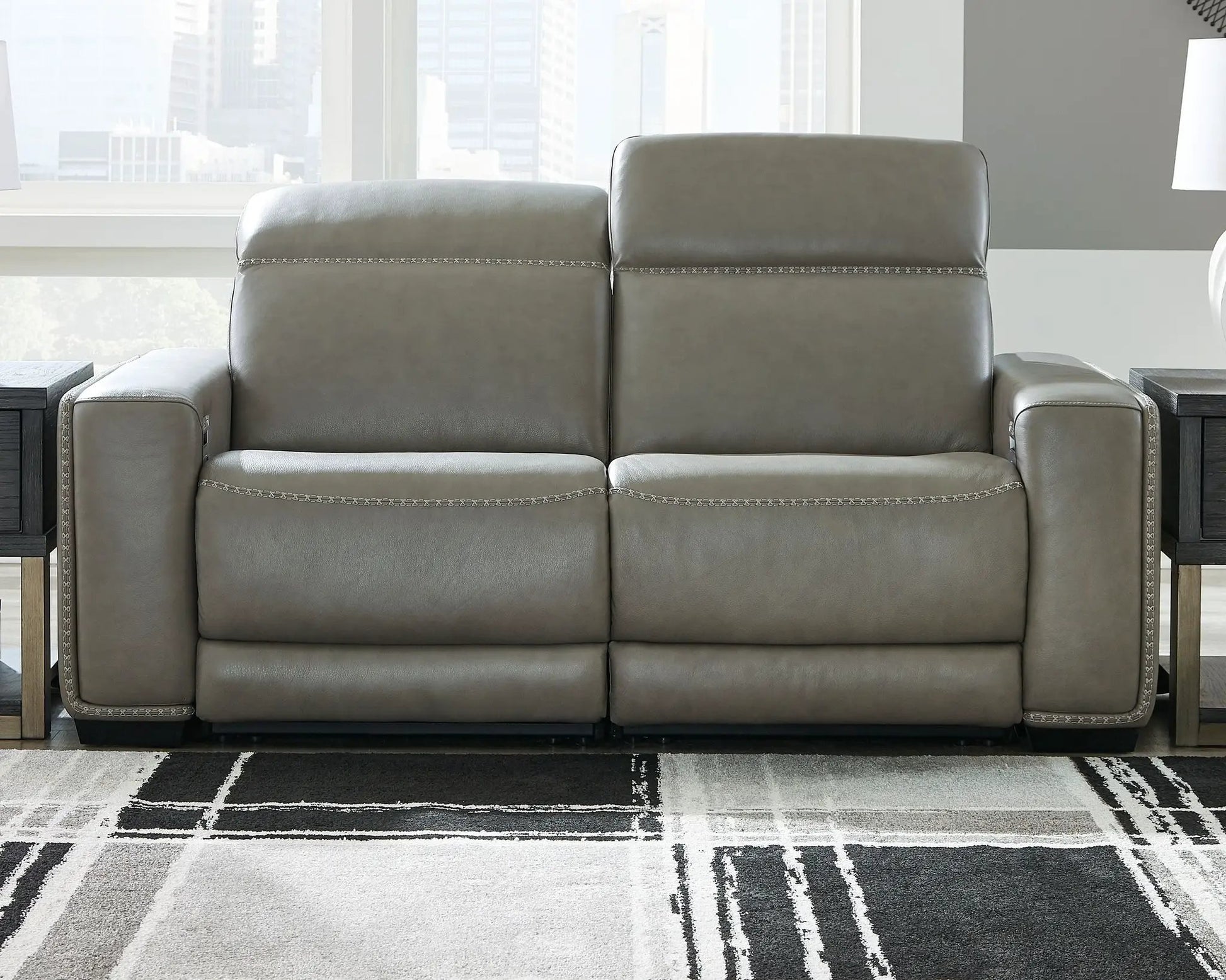 Correze Power Reclining Sectional gray leather with stitched seams Unique Piece Furniture on Tampa Home & Garden Store