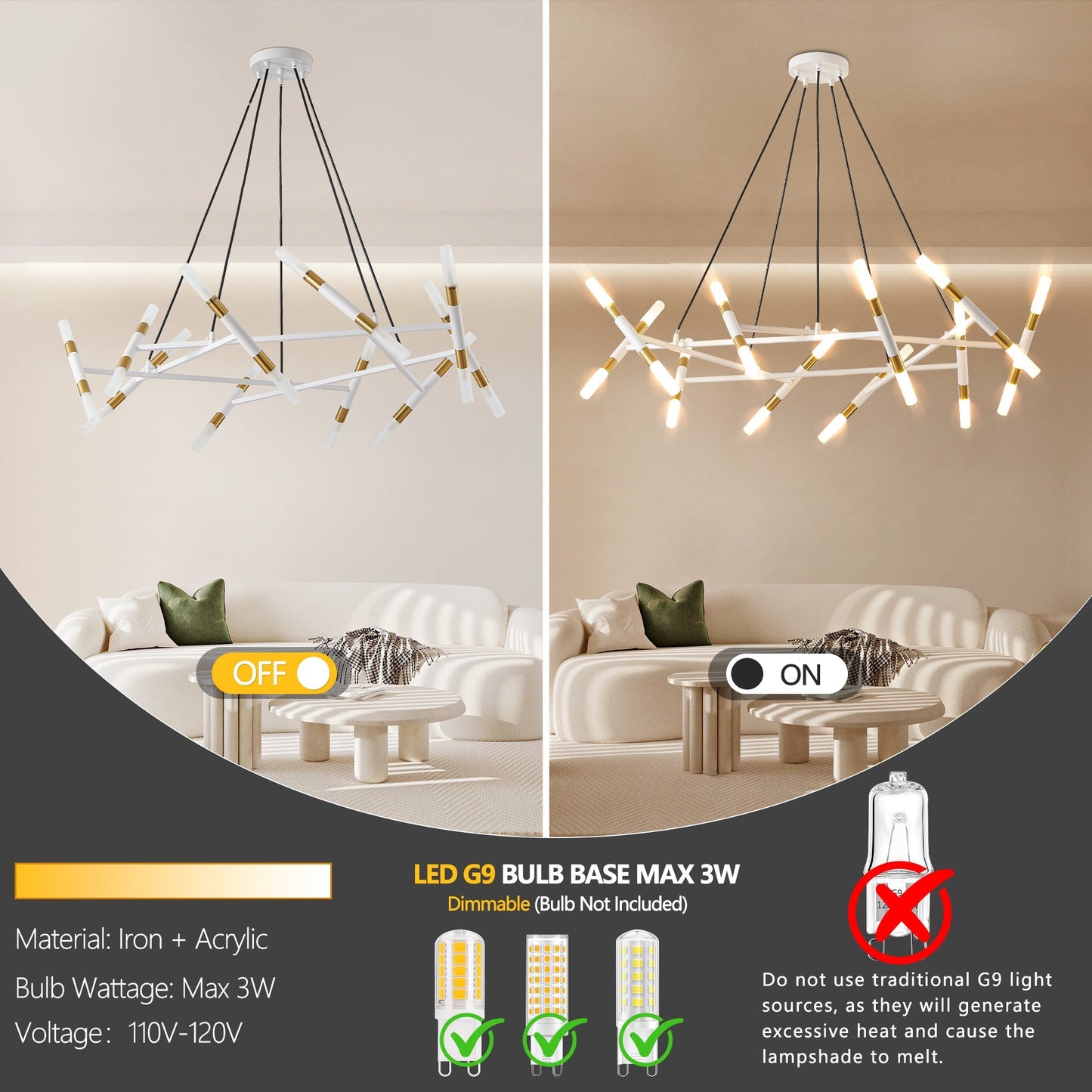 Chandelier 41in white and gold modern design by HouseOfZazla with LED rods on Tampa Home & Garden Store