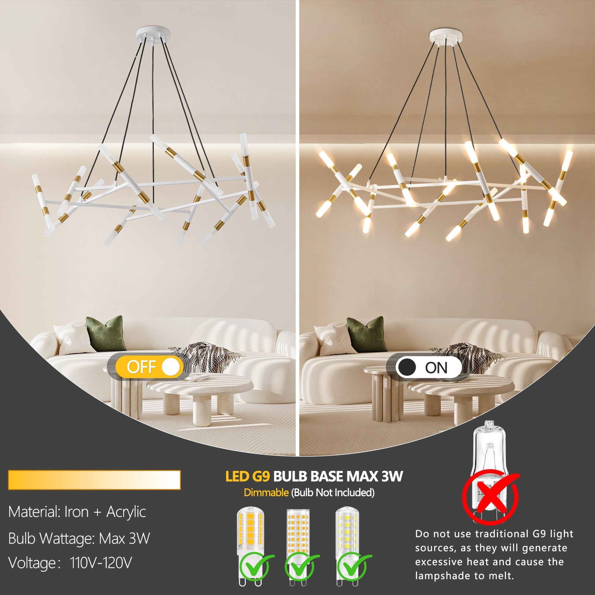 Chandelier 41in white and gold modern design by HouseOfZazla with LED rods on Tampa Home & Garden Store