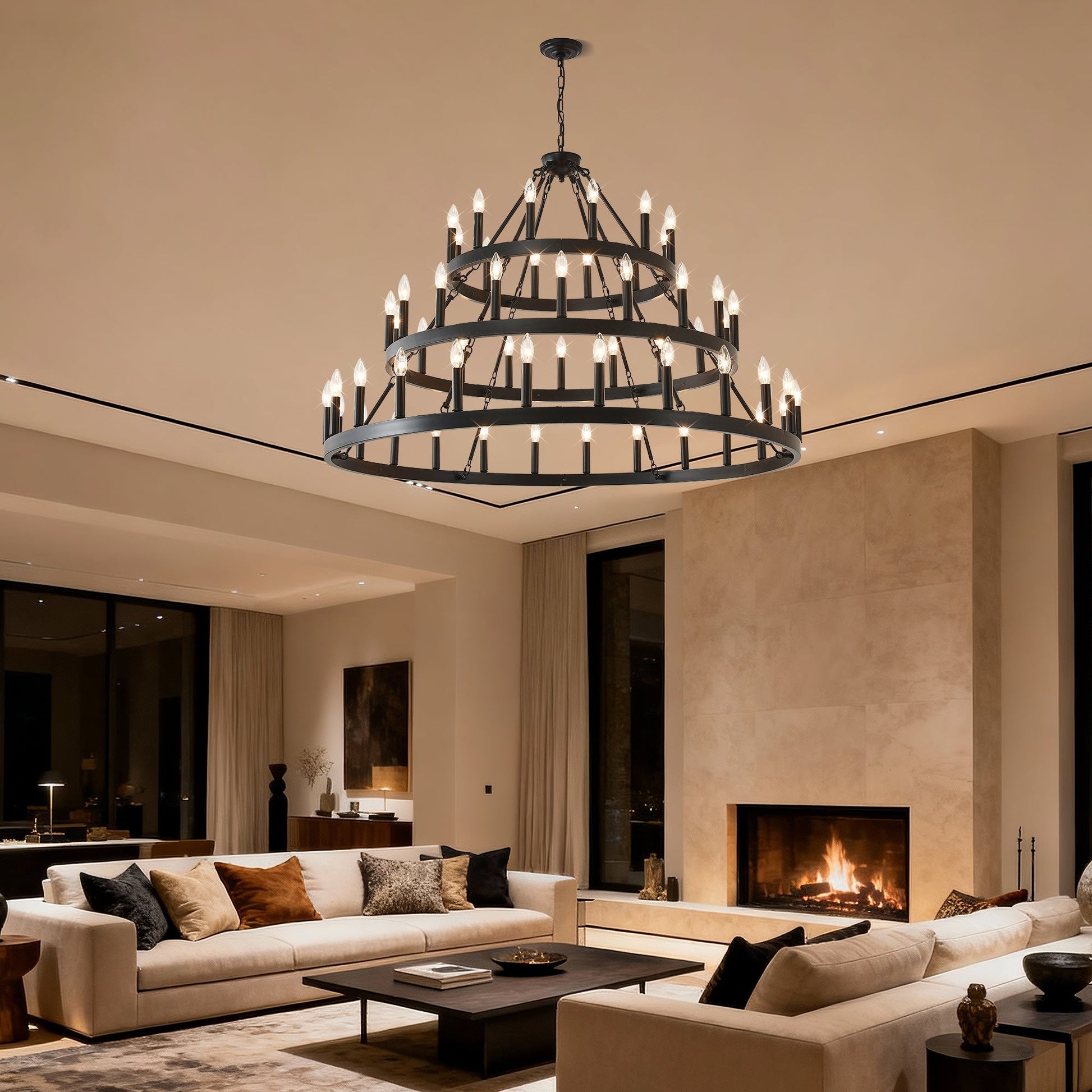 3 Tiers Wagon Wheel Chandelier matte black metal 54-light by HouseOfZazla in a modern living room on Tampa Home & Garden Store