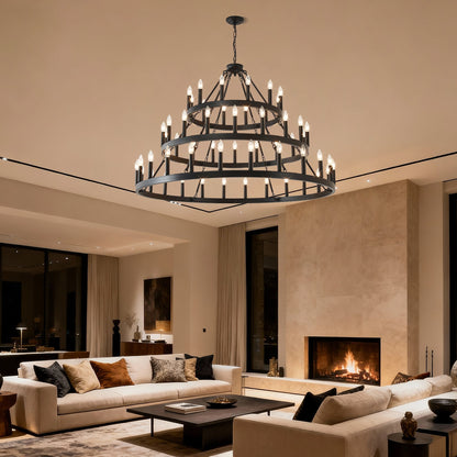 3 Tiers Wagon Wheel Chandelier matte black metal 54-light by HouseOfZazla in a modern living room on Tampa Home & Garden Store