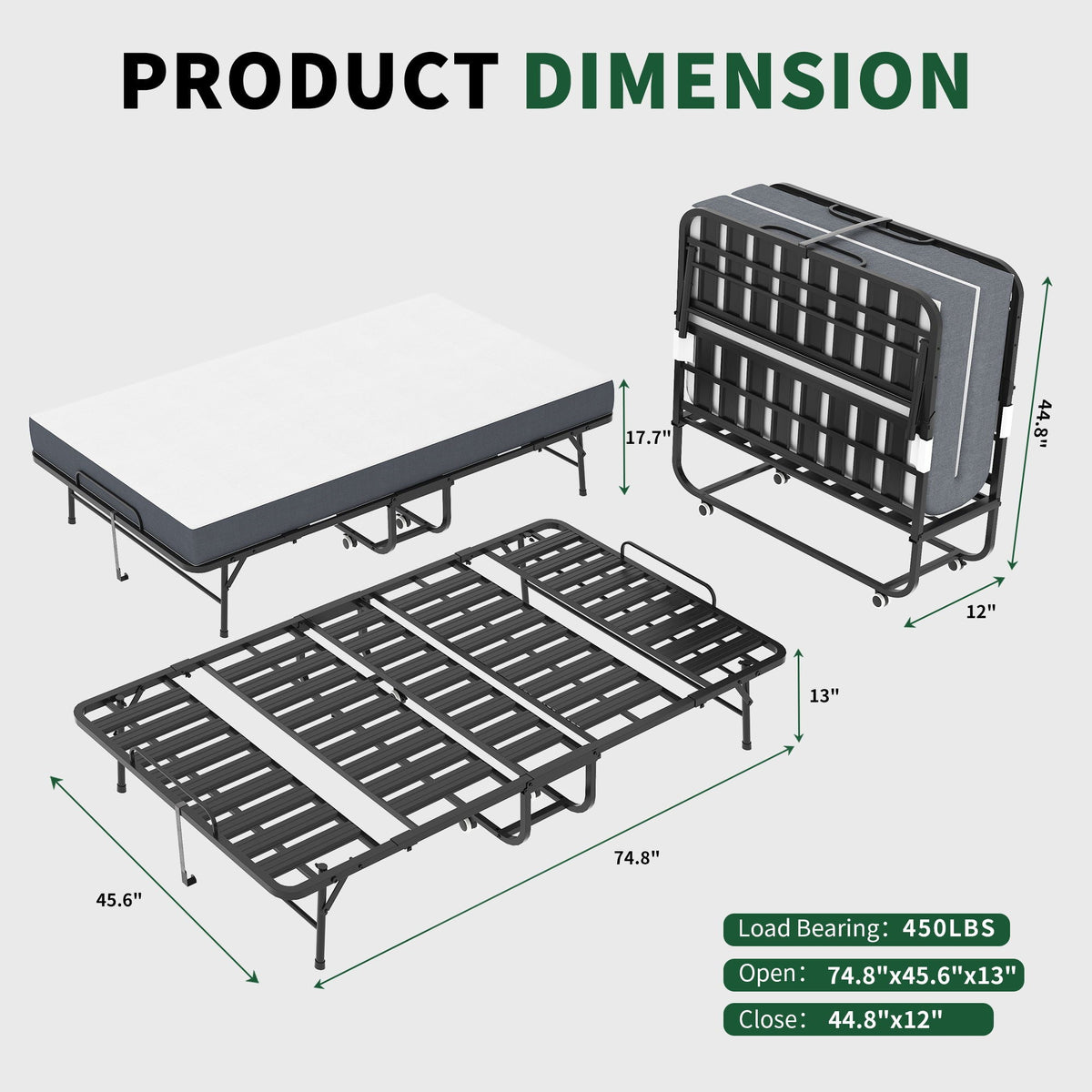 Wide Folding Rollaway Bed and Memory Foam