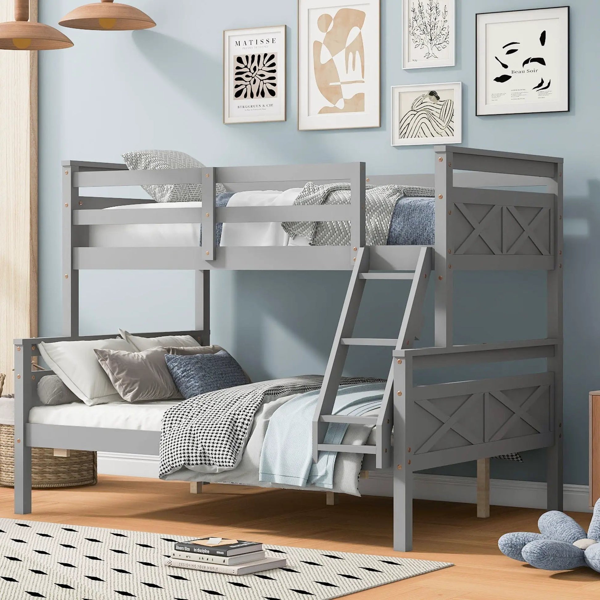 Gray bunk bed with ladder and safety guardrails by Unique Piece Furniture; two stacked beds on Tampa Home & Garden Store