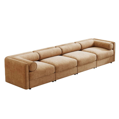 Stylish sofa with storage seat and cylindrical backrest cushions, tan fabric, stationary on Tampa Home & Garden Store