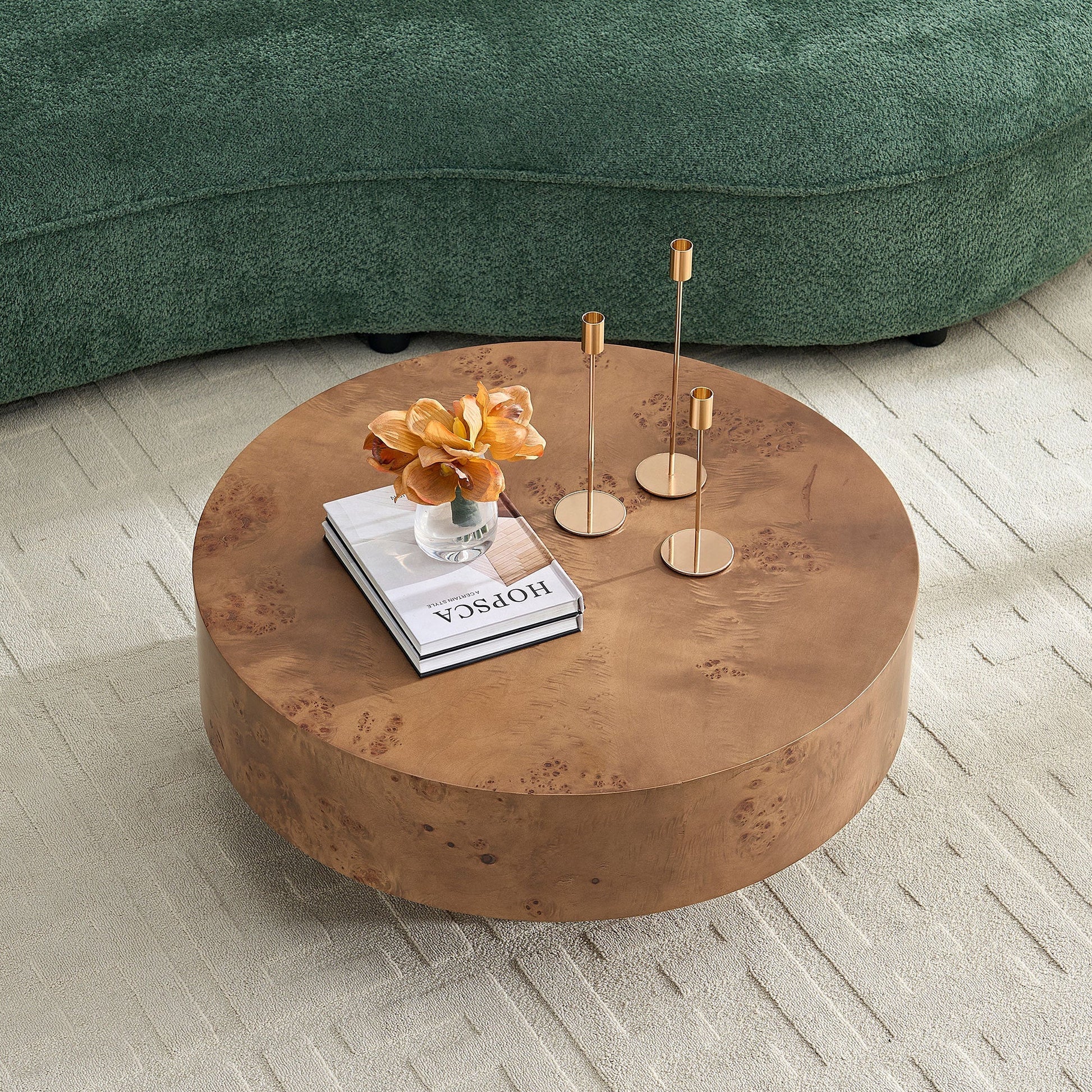 HouseOfZazla burl wood veneer round coffee table with decorative candle holders on Tampa Home & Garden Store