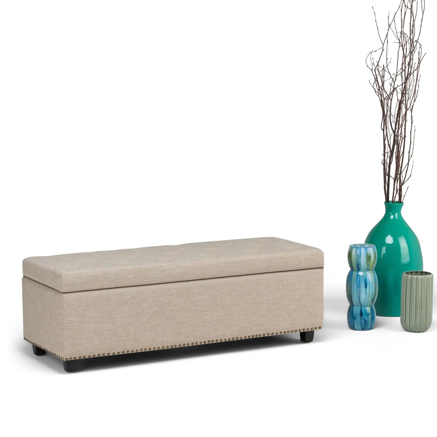 Hamilton - Upholstered Storage Ottoman, beige fabric with nailhead trim, Unique Piece Furniture on Tampa Home & Garden Store