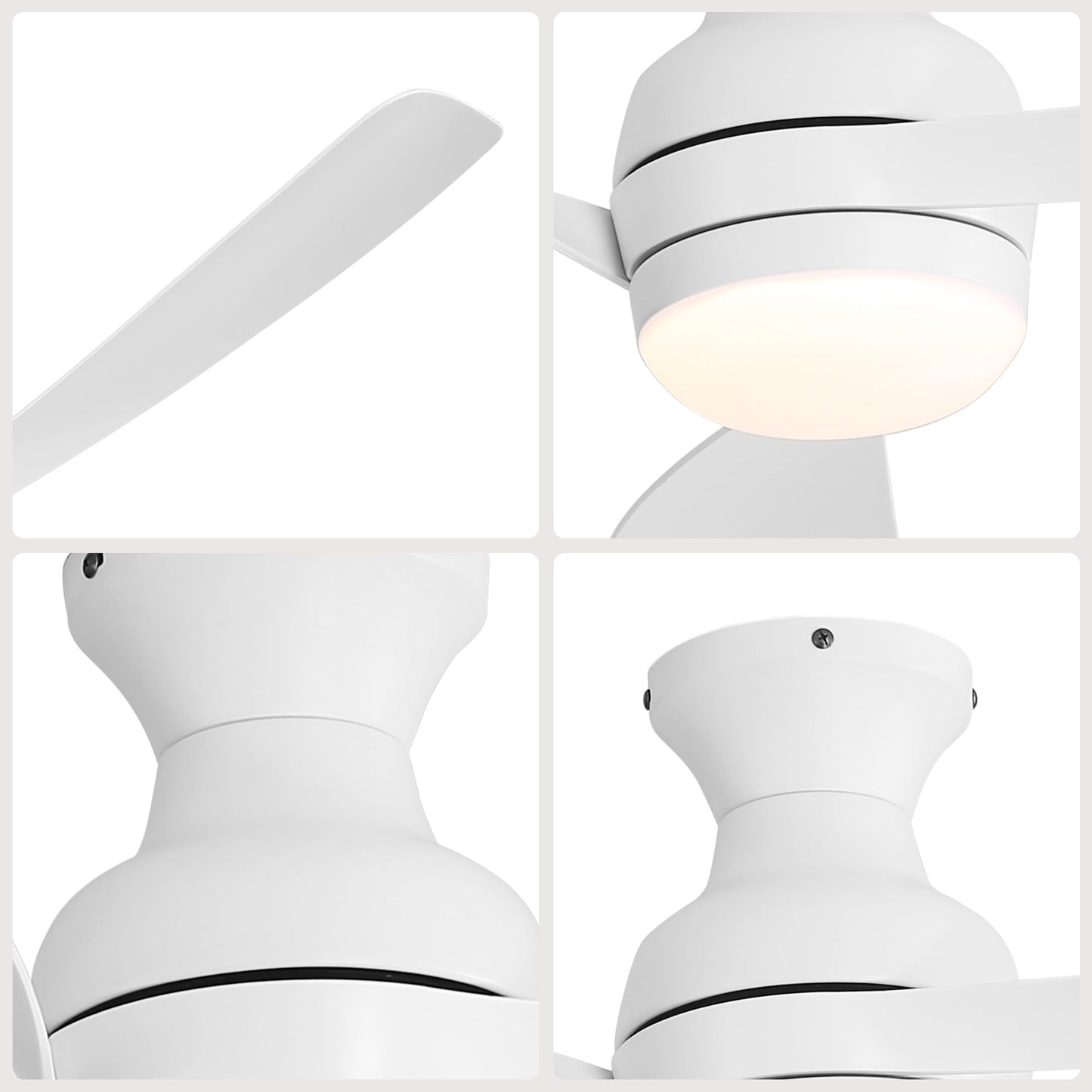 White 52in HouseOfZazla ceiling fan components with blades and light dome closeups on Tampa Home & Garden Store