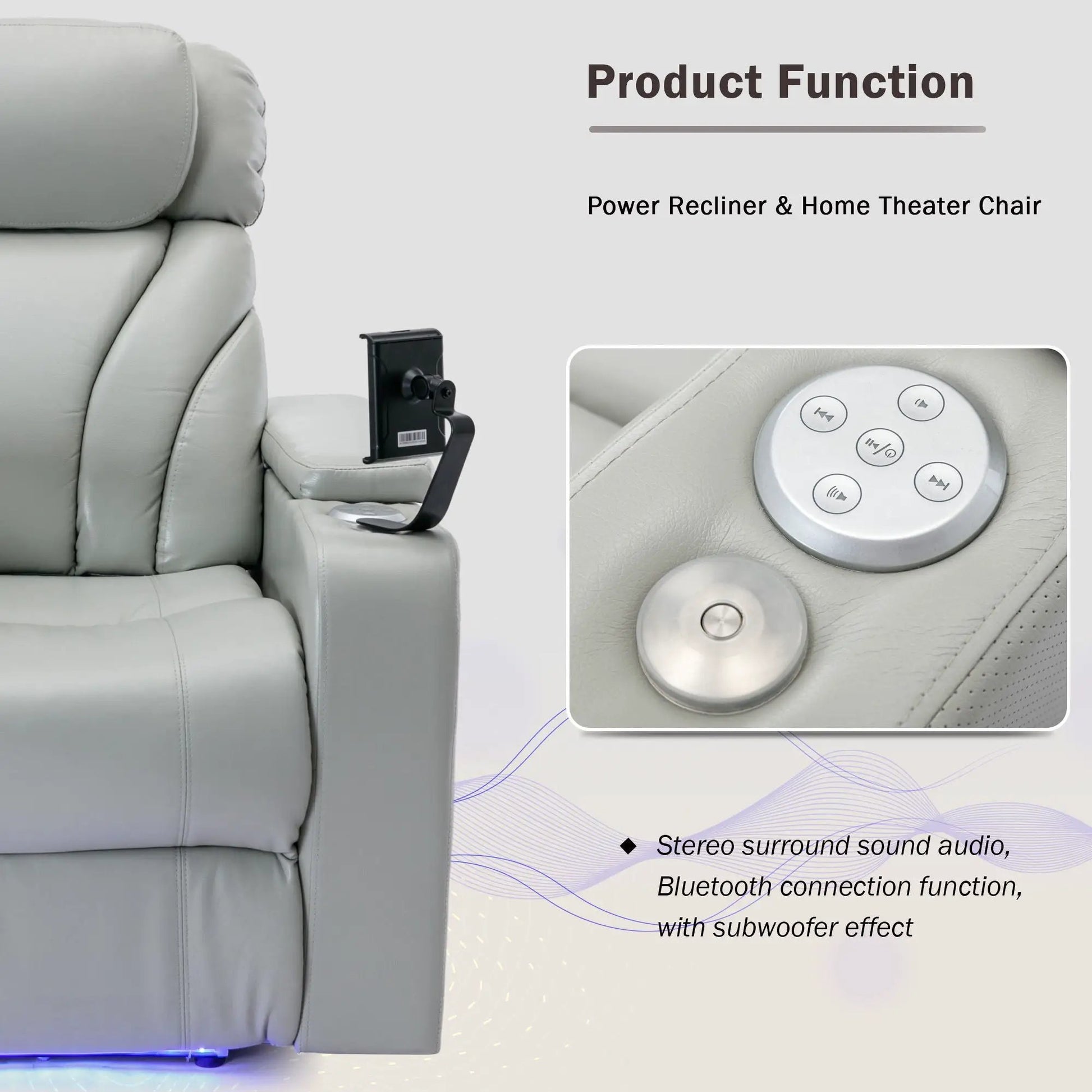 Power Motion Recliner gray leather electric chair with USB port and cup holder on Tampa Home & Garden Store