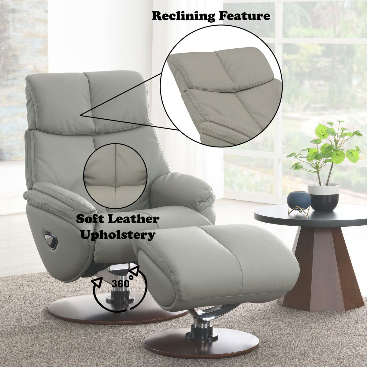 Kandoro gray top-grain leather reclining chair & ottoman with swivel base on Tampa Home & Garden Store