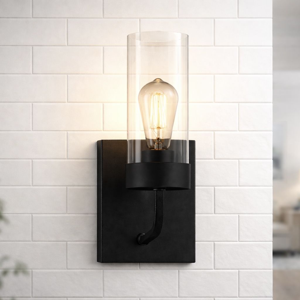 Zephyr single black metal sconce with clear glass cylinder shade by HouseOfZazla on Tampa Home & Garden Store