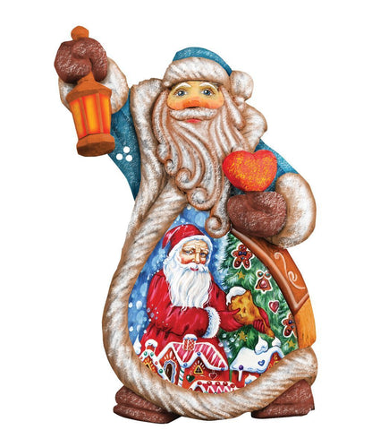 Santa Gingerbread Sculpted Hand-Painted Ornament by G. DeBrekht with blue cloak and lantern on Tampa Home & Garden Store