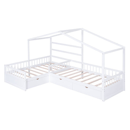 White metal L-shaped platform bed with 3 built-in storage drawers by HouseOfZazla storage beds on Tampa Home & Garden Store