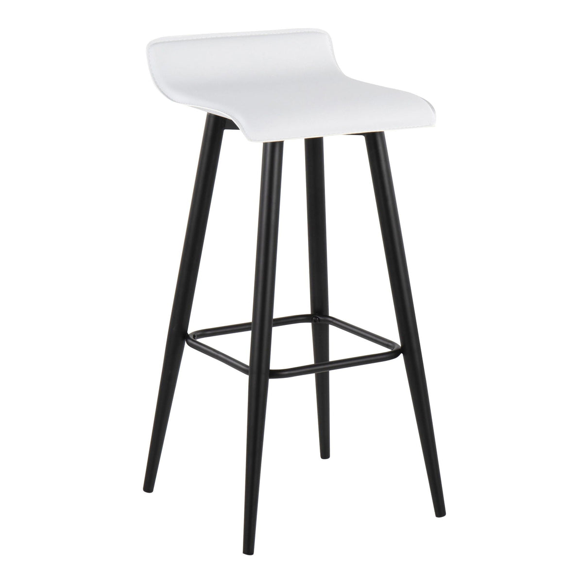 Contemporary fixed-height bar stool set with white curved seat and black metal base on Tampa Home & Garden Store