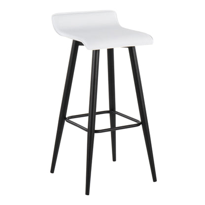 Contemporary fixed-height bar stool set with white curved seat and black metal base on Tampa Home & Garden Store