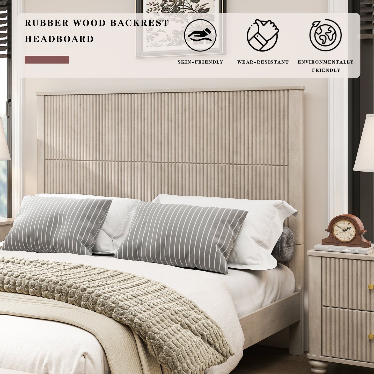 Solid Wood Queen Platform Bed with Tall Headboard