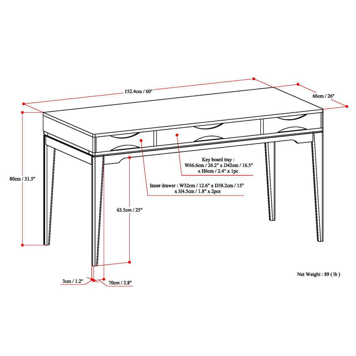 Handcrafted Writing Desk with Keyboard Tray by HouseOfZazla, 2-drawer top, dimensions shown on Tampa Home & Garden Store