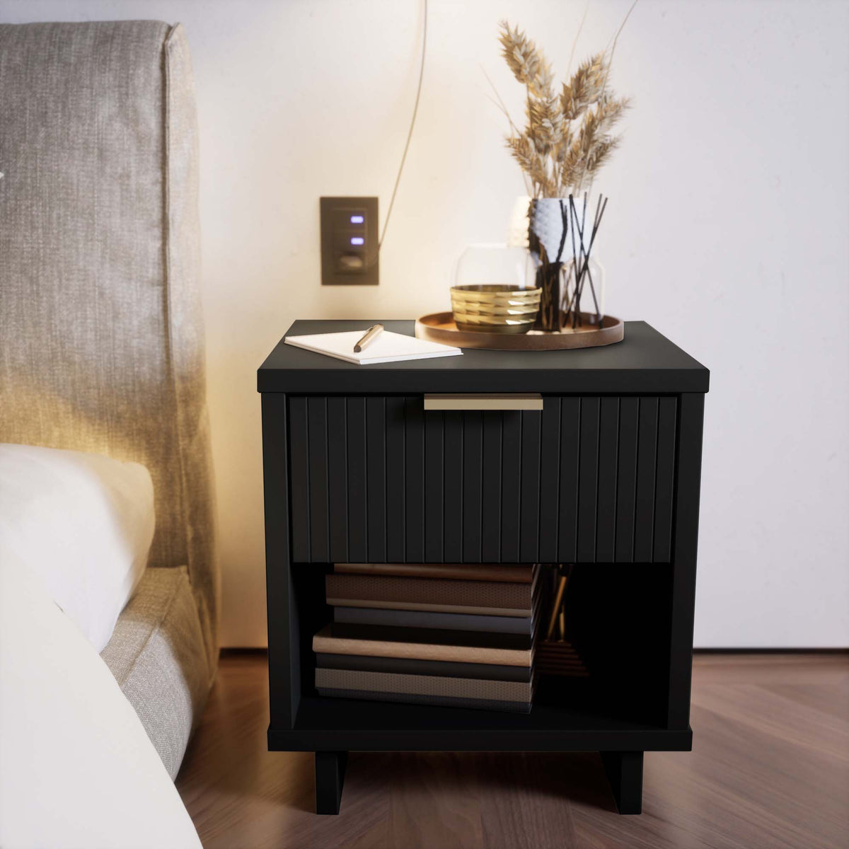Granville Nightstand with 1 Drawer, black solid wood; modern accent with grooved front, top tray on Tampa Home & Garden Store