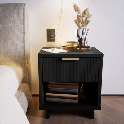 Granville Nightstand with 1 Drawer, black solid wood; modern accent with grooved front, top tray on Tampa Home & Garden Store