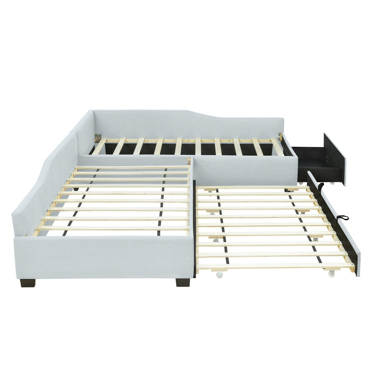 Upholstered double daybed with trundle and drawer in light gray fabric HouseOfZazla on Tampa Home & Garden Store