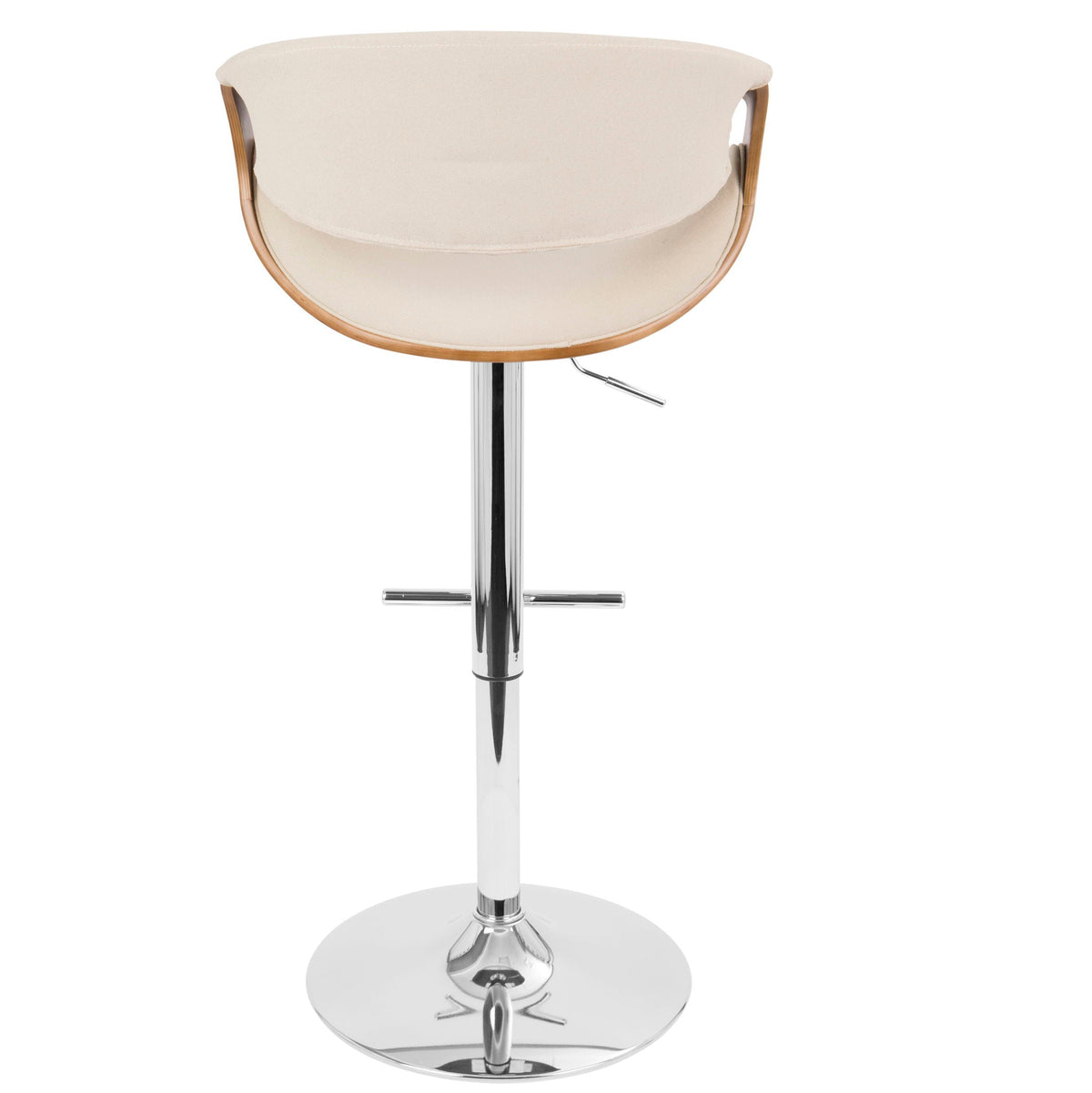 Mid Century Modern adjustable barstool with swivel and T footrest beige fabric seat chrome base on Tampa Home & Garden Store