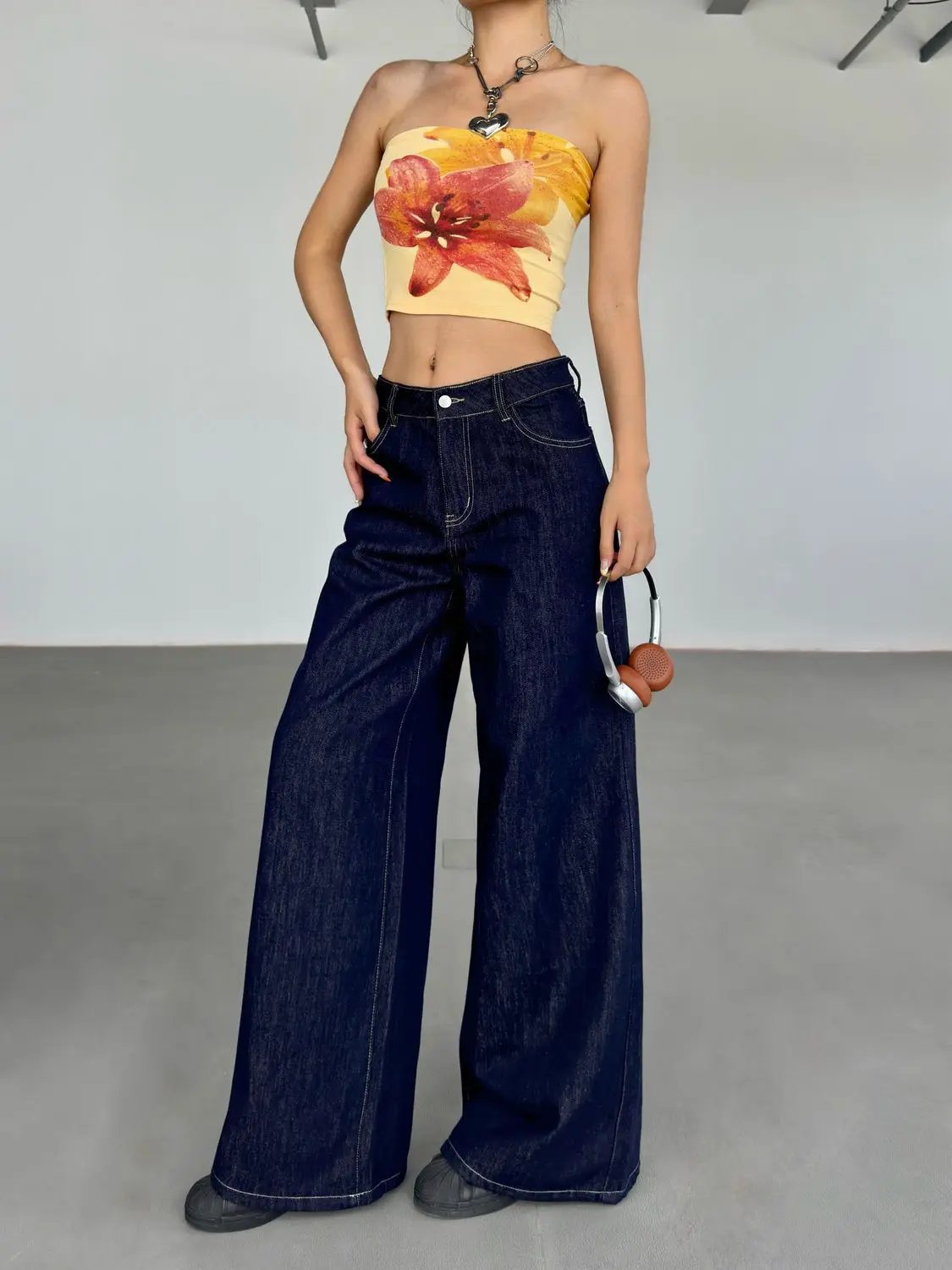 Fashion American Retro Wide Leg Jeans For Women in dark denim; high-waisted, ultra-wide legs on Tampa Home & Garden Store