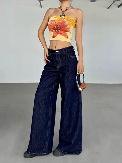 Fashion American Retro Wide Leg Jeans For Women in dark denim; high-waisted, ultra-wide legs on Tampa Home & Garden Store