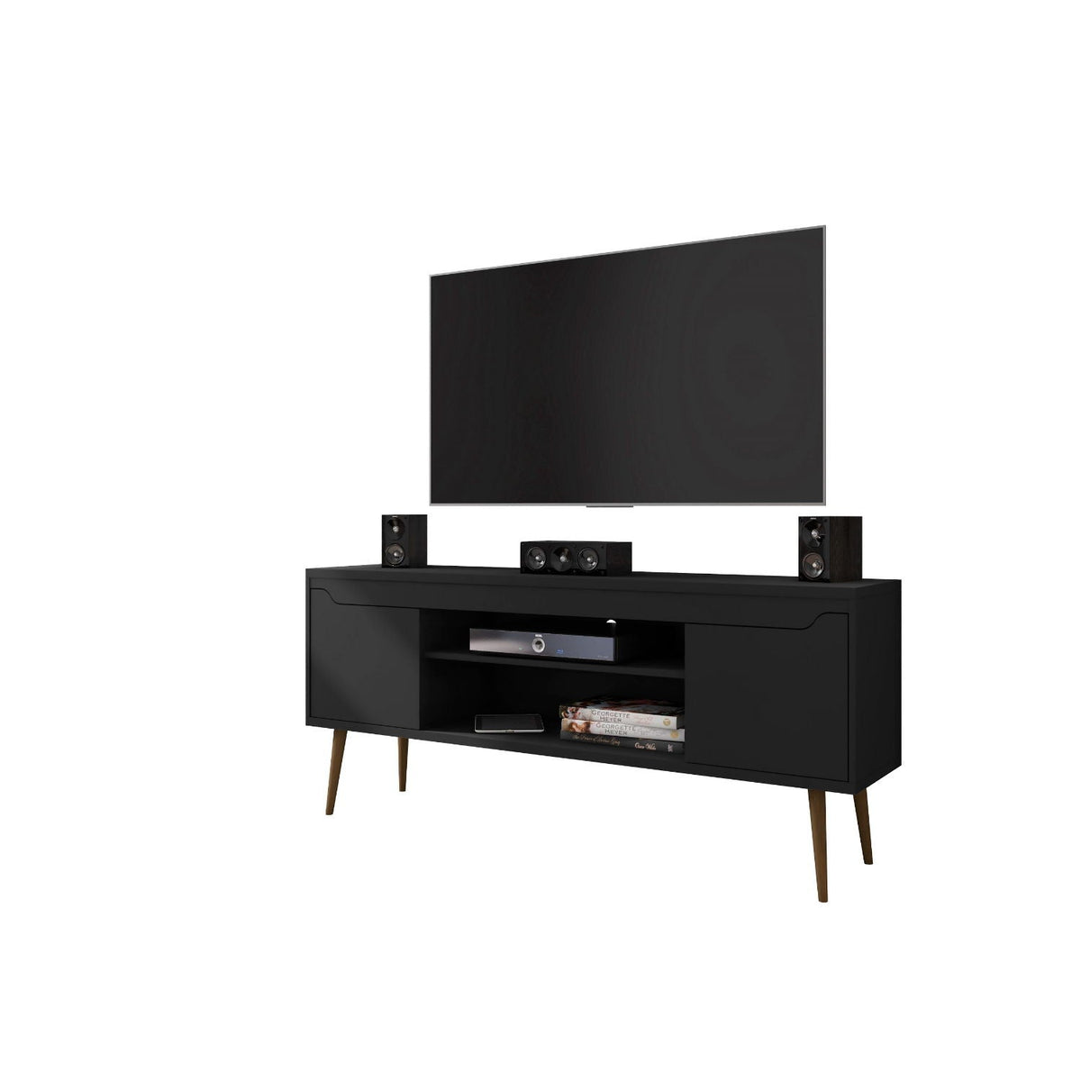 Mid-Century Modern TV Stand in black with solid wood splayed legs, holds TV and audio components on Tampa Home & Garden Store