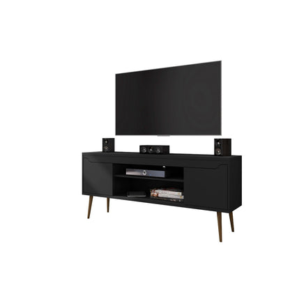 Mid-Century Modern TV Stand in black with solid wood splayed legs, holds TV and audio components on Tampa Home & Garden Store