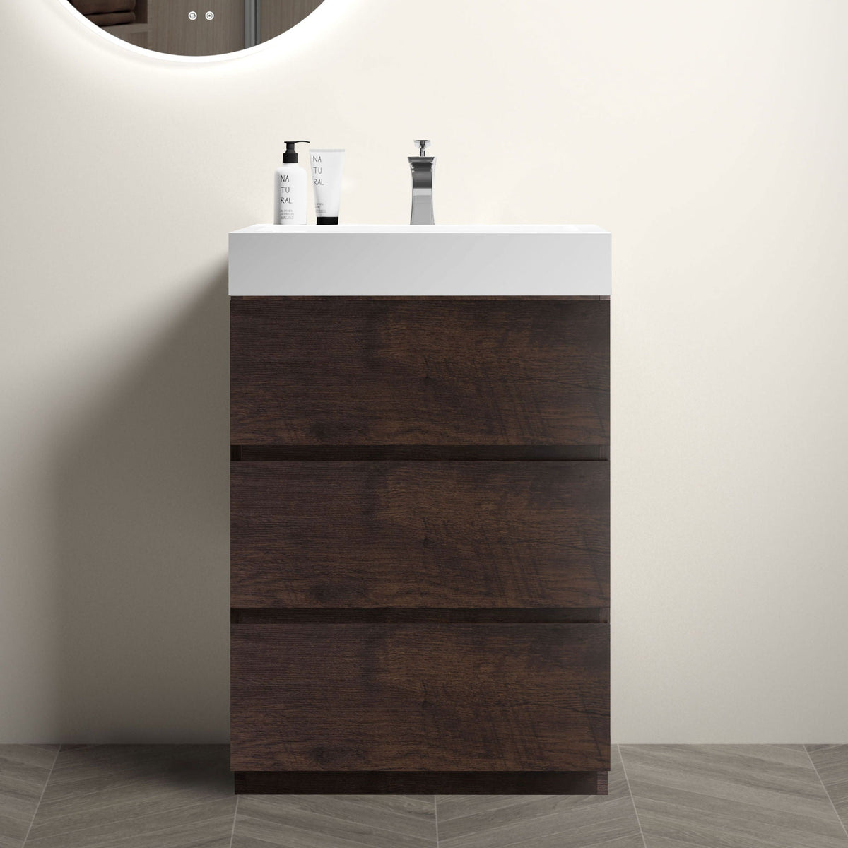 Alice bathroom vanity with large storage and one-piece sink basin white countertop atop dark wood on Tampa Home & Garden Store