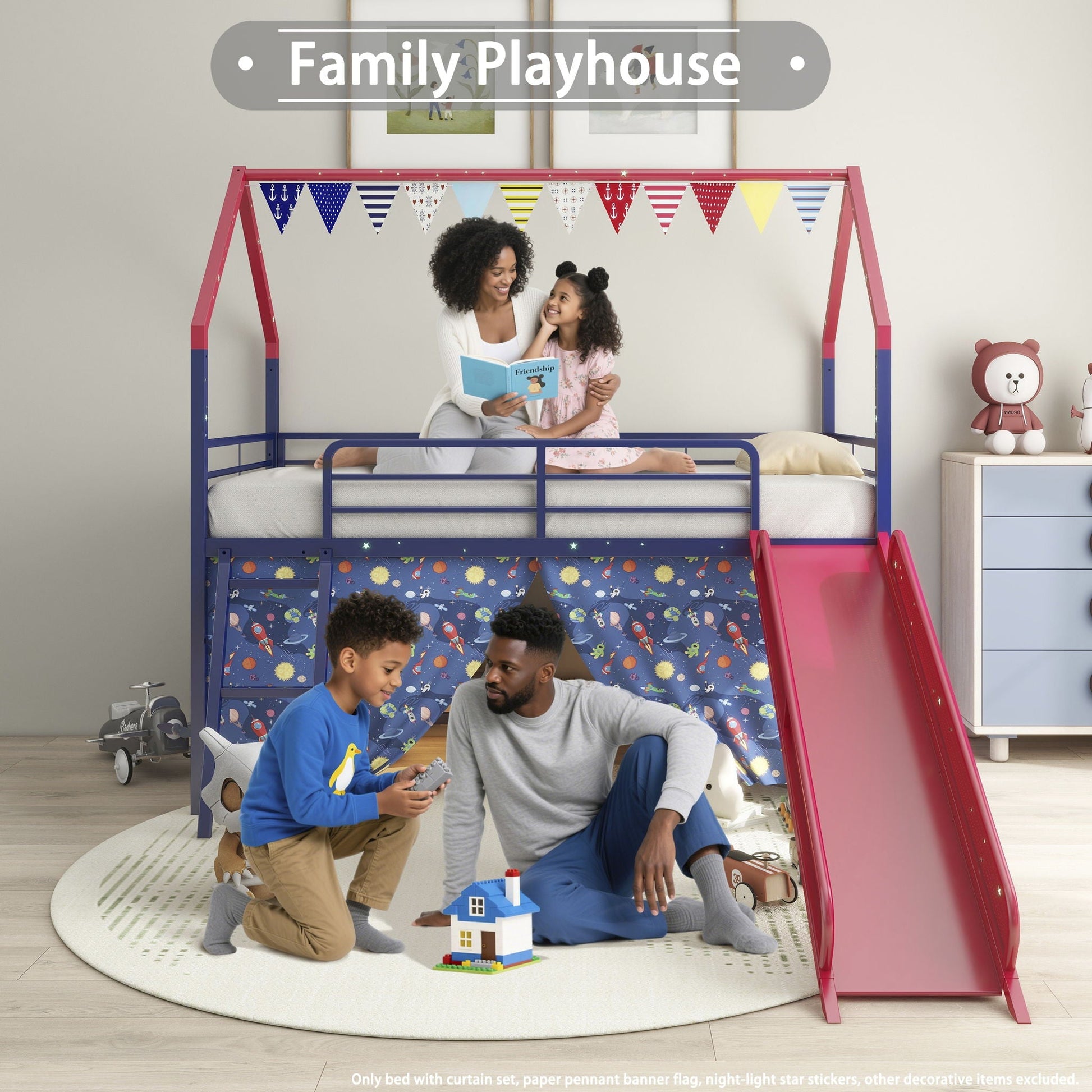 Jack House Loft Bed with Slide pink frame curtain set by HouseOfZazla on Tampa Home & Garden Store