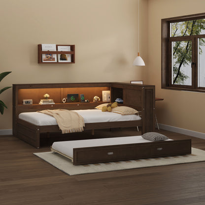 HouseOfZazla Daybed with storage shelves, LED, USB, and trundle in dark walnut finish on Tampa Home & Garden Store