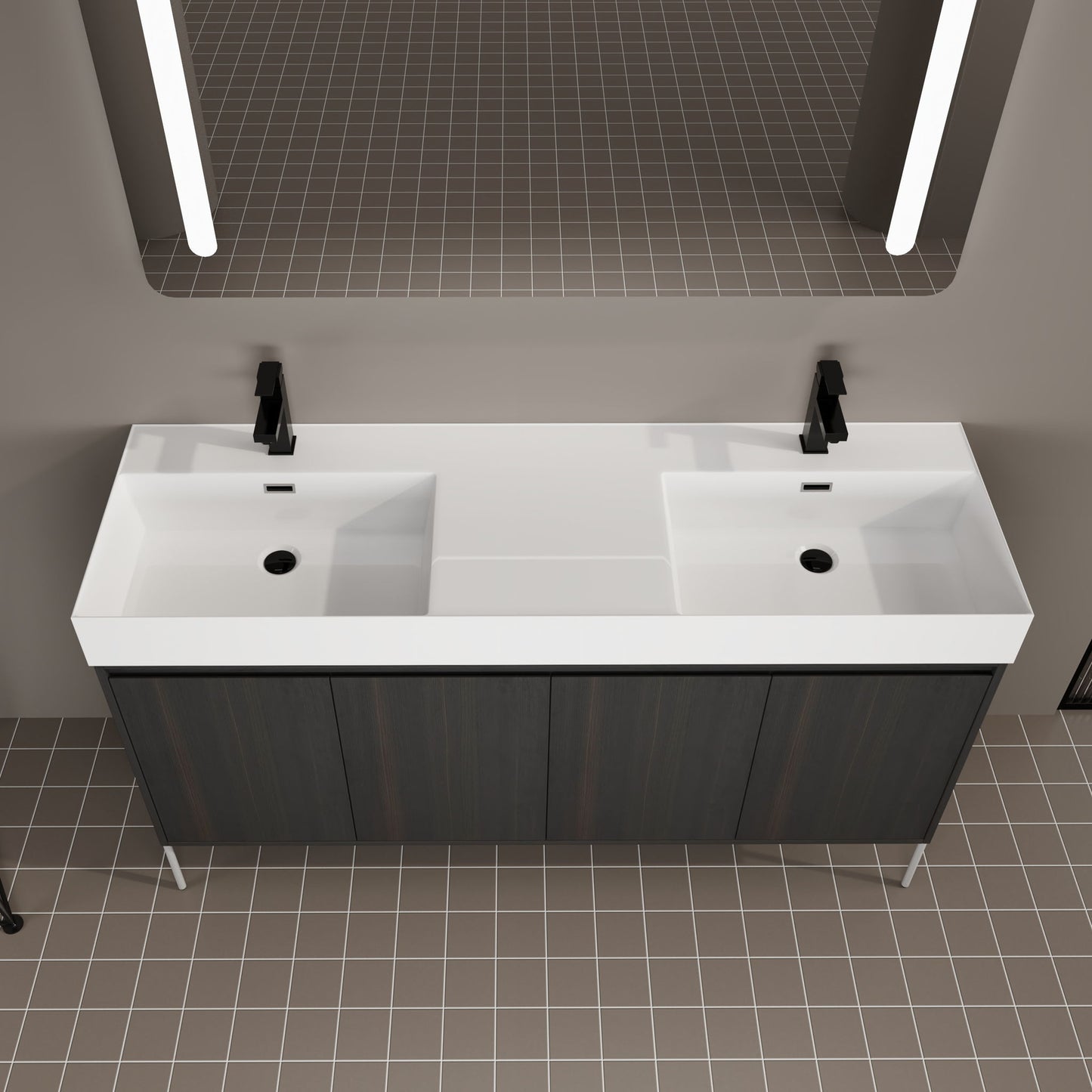 Freestanding dual-sink vanity with white resin sinks on dark wood storage cabinet on Tampa Home & Garden Store