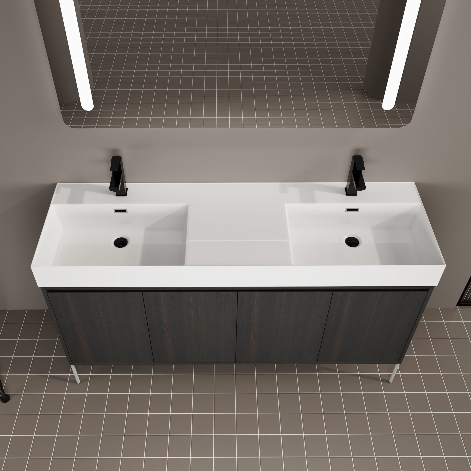 Freestanding dual-sink vanity with white resin sinks on dark wood storage cabinet on Tampa Home & Garden Store