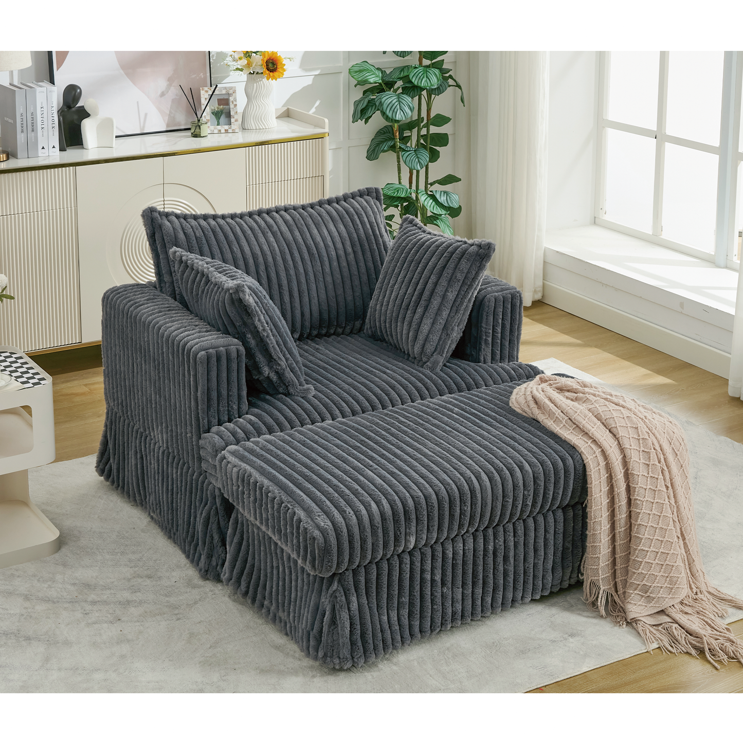 Oversized corduroy chaise lounge with ottoman in dark gray by HouseOfZazla on Tampa Home & Garden Store