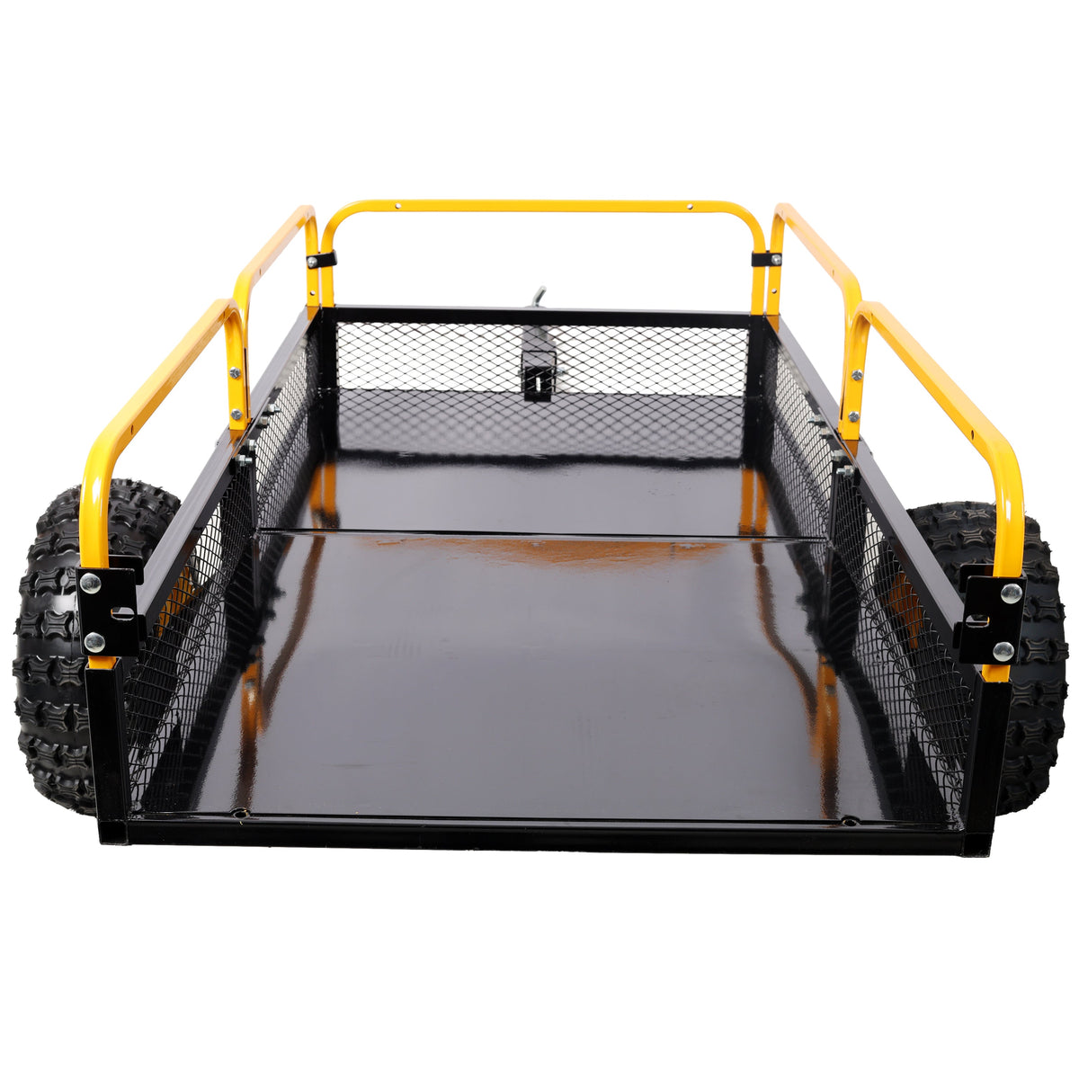 Heavy-Duty Tow-Behind Dump Cart with steel bed, yellow frame, rugged wheels on Tampa Home & Garden Store