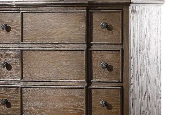 Oak accent chest with five drawers, dark metal knobs, rustic finish on Tampa Home & Garden Store