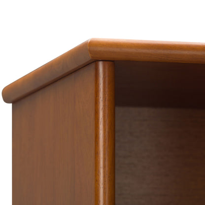 Mid Century Wide Bookcase corner in warm honey wood with rounded post on Tampa Home & Garden Store