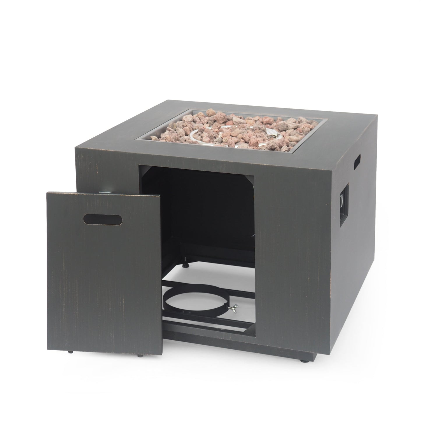 33-inch outdoor iron square propane fire pit in brushed brown with lava rocks and burner on Tampa Home & Garden Store