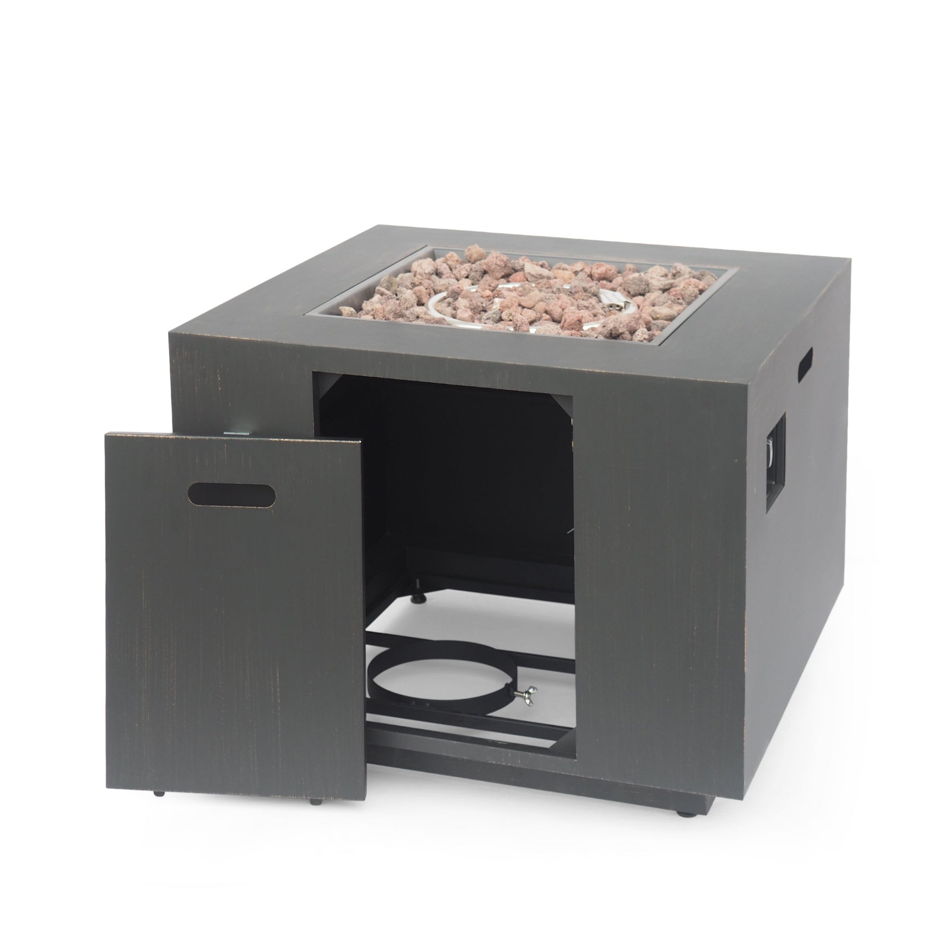 33-inch outdoor iron square propane fire pit in brushed brown with lava rocks and burner on Tampa Home & Garden Store