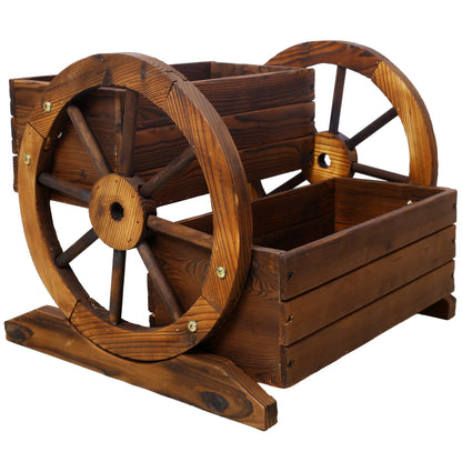Wooden wagon planter box with two wheels, brown stained wood, HouseOfZazla outdoor planter on Tampa Home & Garden Store