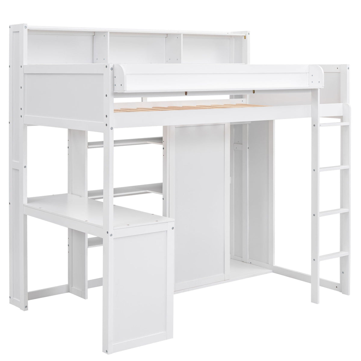 Loft bed with built-in desk, storage shelves, and wardrobe in white finish HouseOfZazla on Tampa Home & Garden Store
