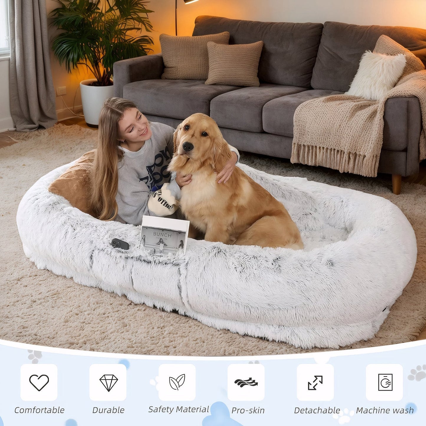 HouseOfZazla Human Dog Bed with washable faux fur and orthopedic support in light gray on Tampa Home & Garden Store