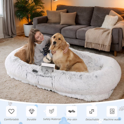 HouseOfZazla Human Dog Bed with washable faux fur and orthopedic support in light gray on Tampa Home & Garden Store