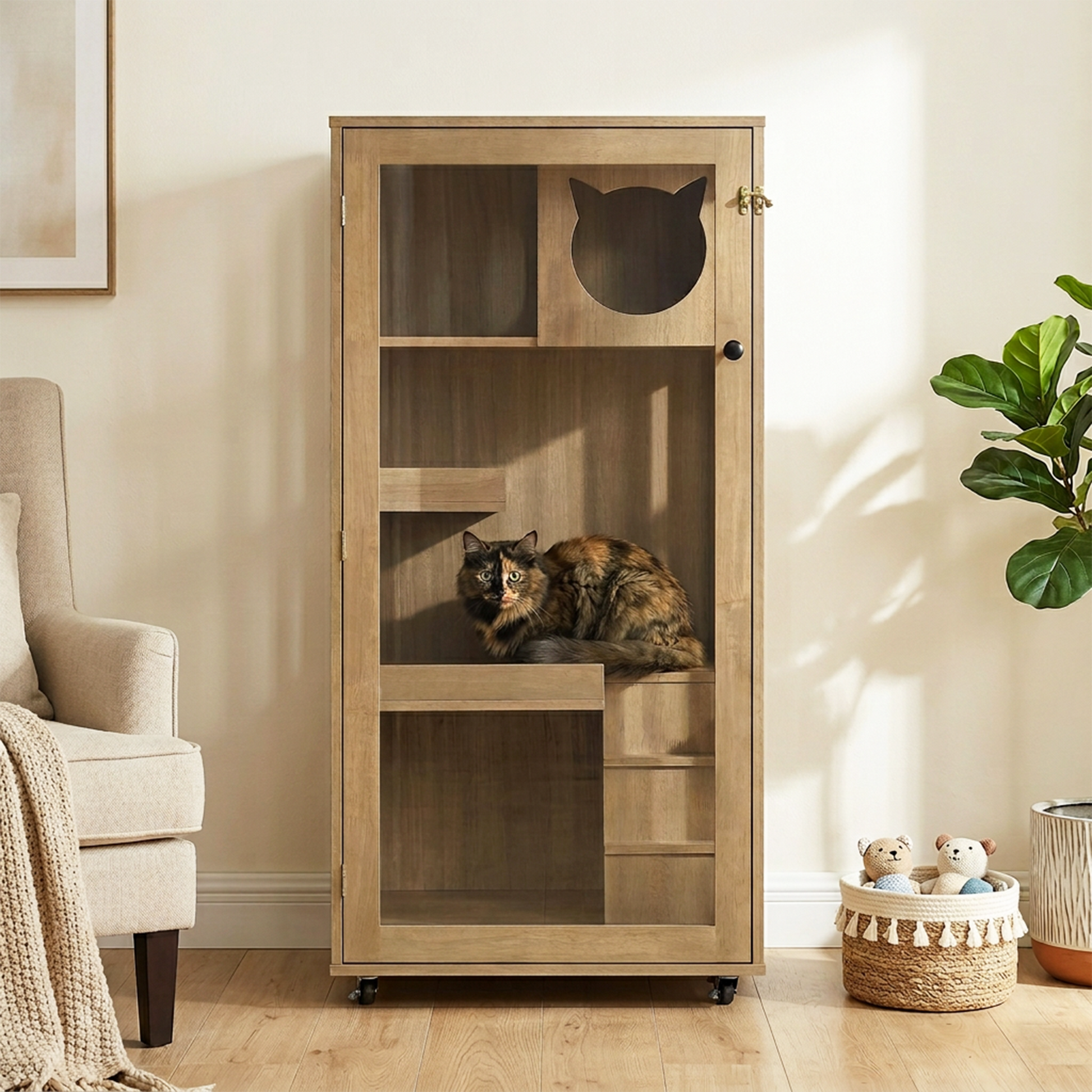 Basia rubber wood cat cabinet on wheels with cat silhouette cutout on Tampa Home & Garden Store