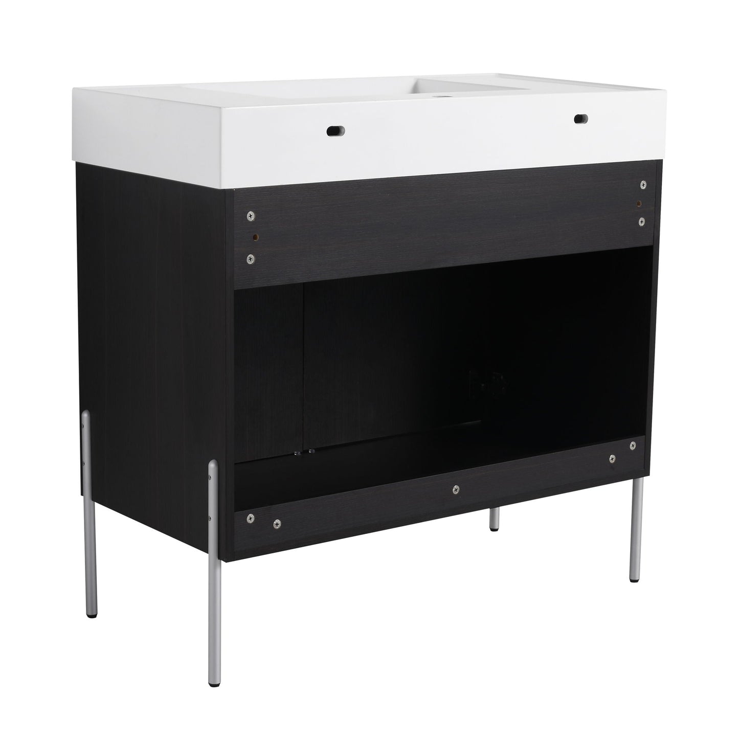 Freestanding vanity with white resin sink and white top over dark cabinet by HouseOfZazla on Tampa Home & Garden Store