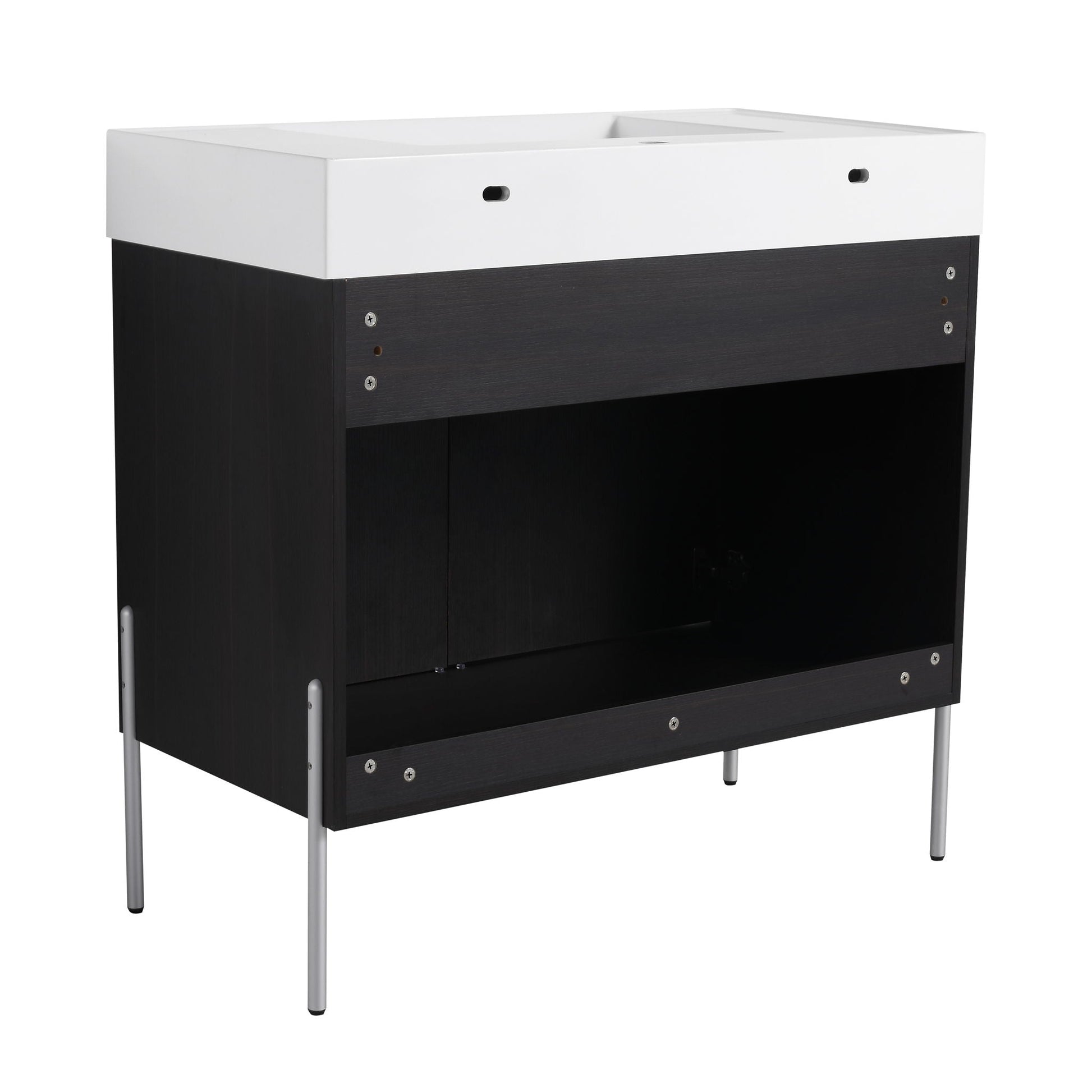 Freestanding vanity with white resin sink and white top over dark cabinet by HouseOfZazla on Tampa Home & Garden Store