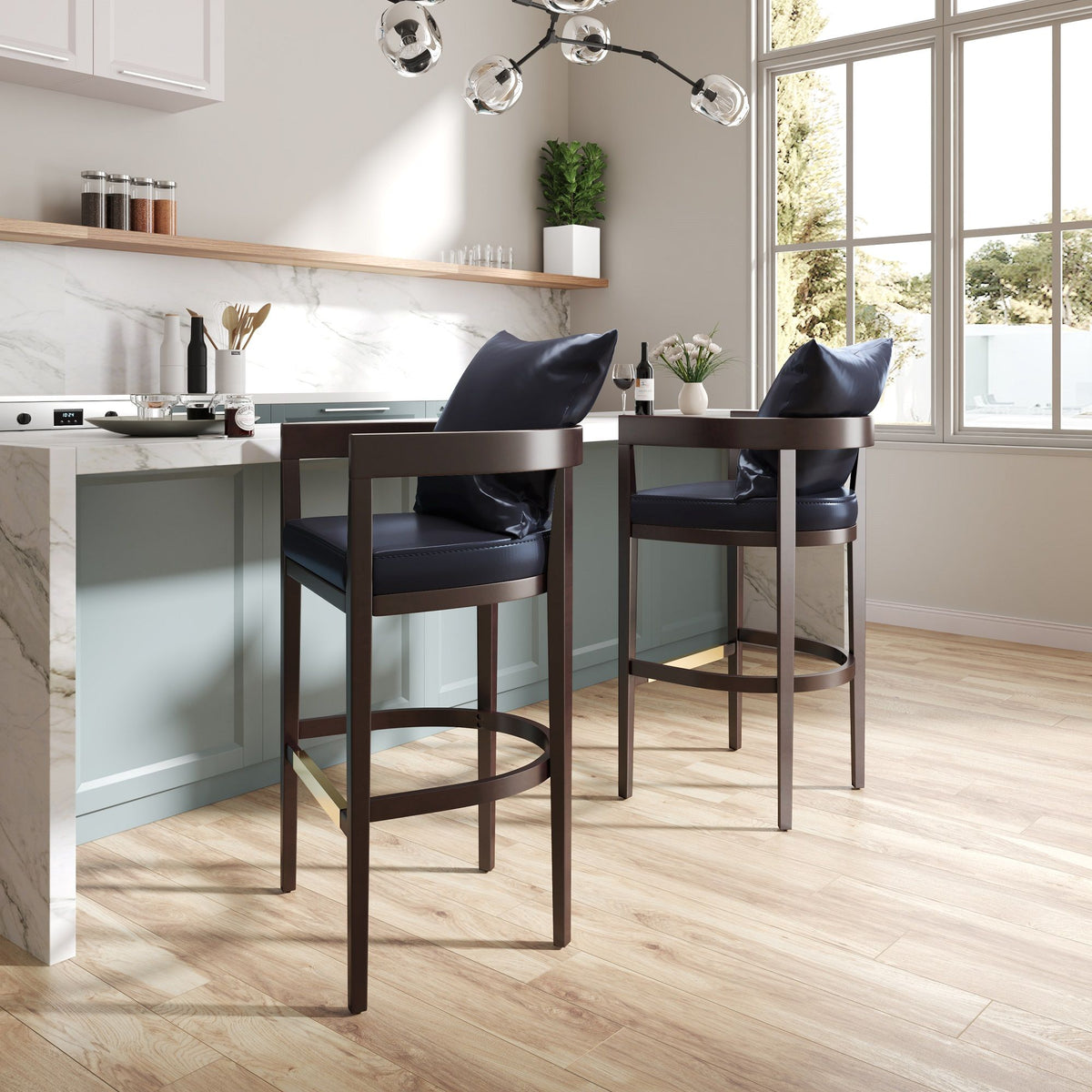 Mid-Century Modern counter height stool with navy upholstered seat and brown frame (2 stools) on Tampa Home & Garden Store