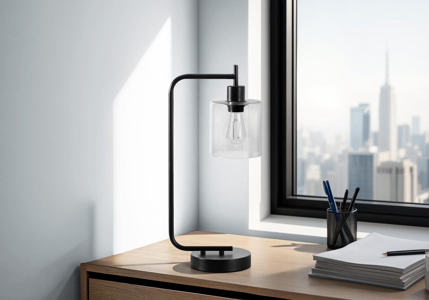 Table lamp black metal frame with clear glass shade, modern USB port, HouseOfZazla on Tampa Home & Garden Store