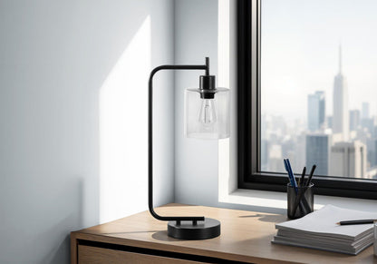 Table lamp black metal frame with clear glass shade, modern USB port, HouseOfZazla on Tampa Home & Garden Store