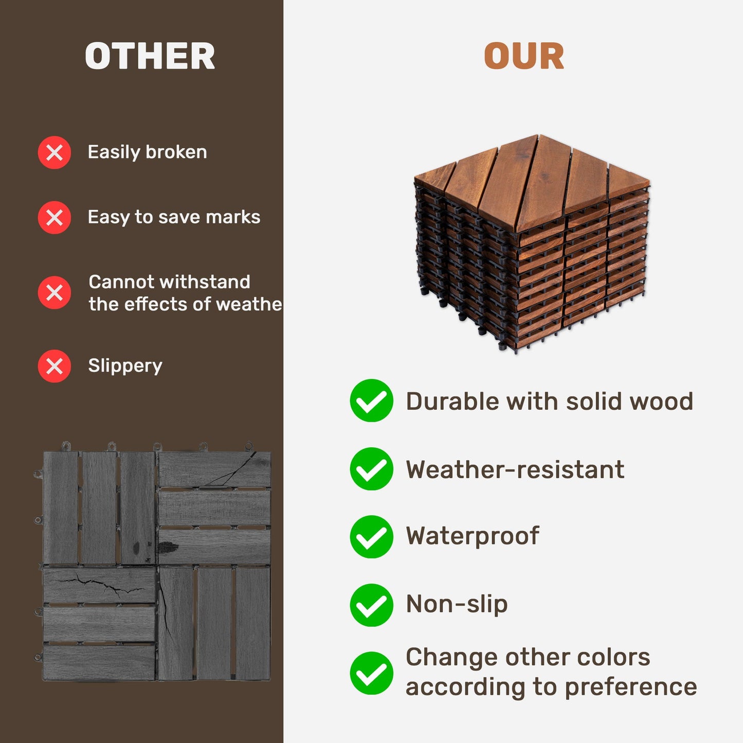 Interlocking deck tiles in diagonal wood pattern with brown finish by HouseOfZazla on Tampa Home & Garden Store
